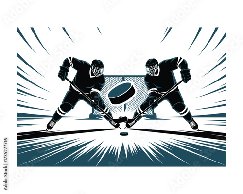 Dynamic illustration of two hockey players in action during a fast paced game with a puck and net