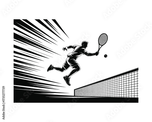 Dynamic black and white illustration of a tennis player in mid air executing a powerful serve