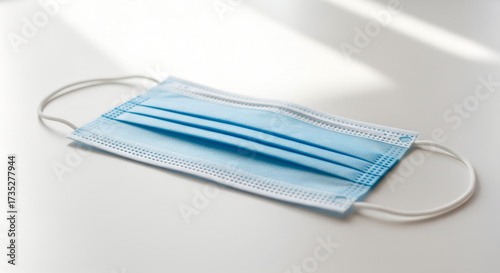 A Blue Disposable Surgical Mask on a White Surface