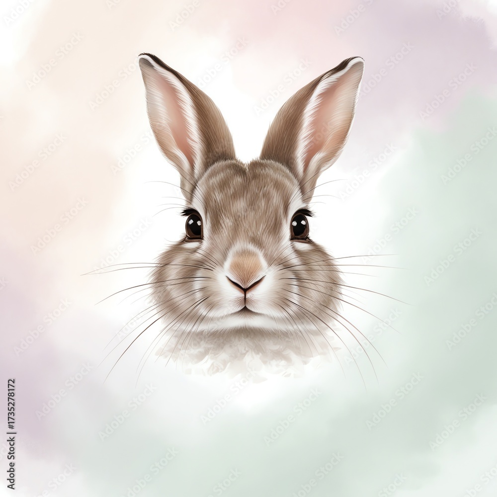 Obraz premium Charming 4K wallpaper of a playful rabbit nibbling grass, fluffy fur textures detailed against a soft pale green background, creating a cute and calming minimalist look. 