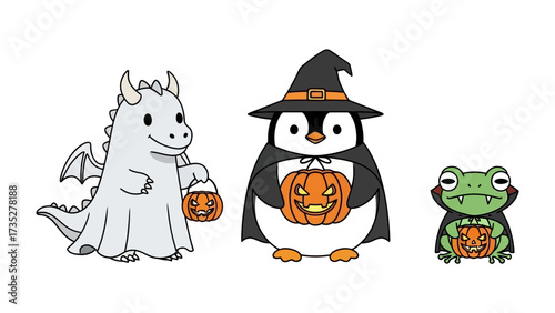 Halloween Critter Parade: An adorable trio of costumed characters ready to delight on Halloween, with a friendly dragon, a penguin in a witch hat, and a playful frog, all carrying jack-o'-lanterns.