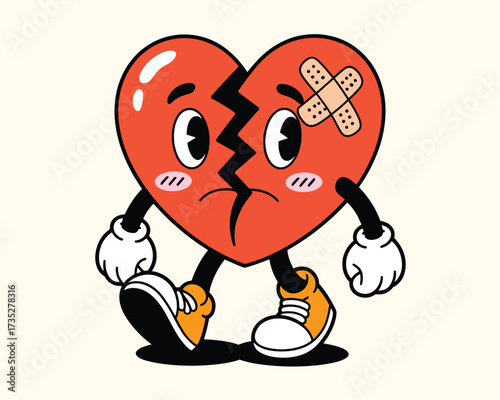 Sad broken heart character with bandages