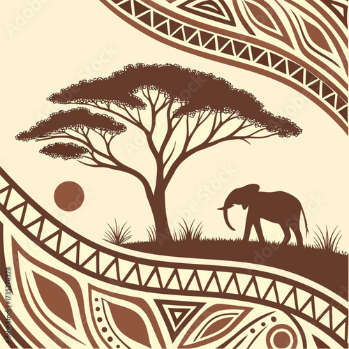 elephant under tree on african savanna with sun and tribal patterns in artistic design