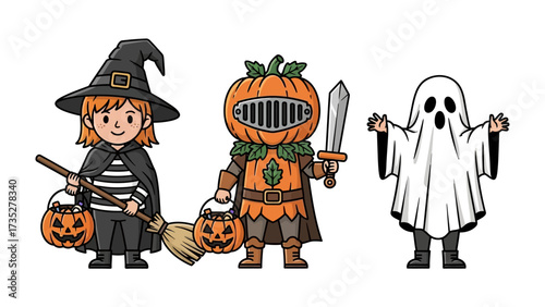 Halloween Costume Extravaganza: A whimsical collection of Halloween characters, dressed in spirited costumes, bring the festive season to life with a blend of playful charm and seasonal anticipation.