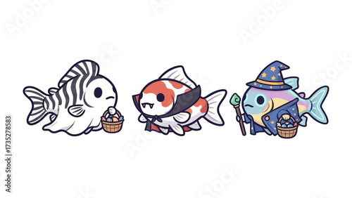Halloween Fish Trio: Delightful cartoon fish dressed in Halloween costumes, exuding charm and festivity against a vibrant backdrop, ready to bring joy.