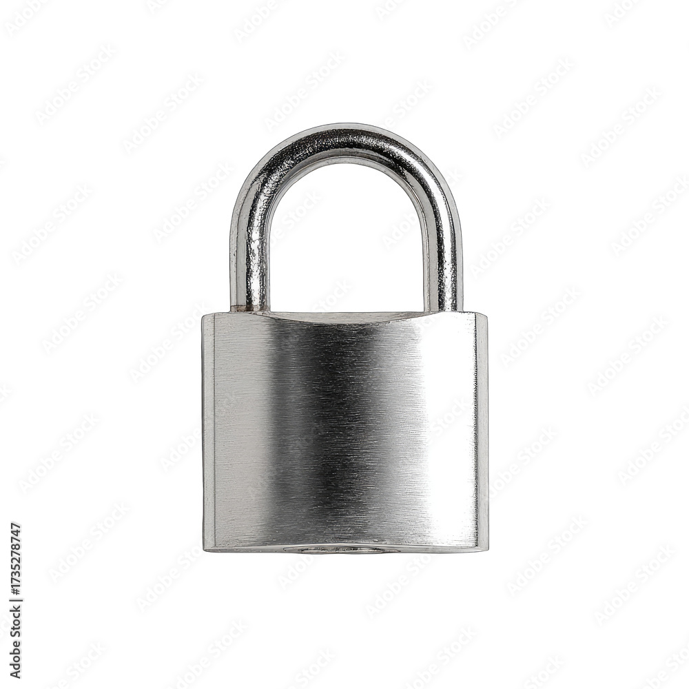 Naklejka premium Silver metal padlock, closed, centered on black background