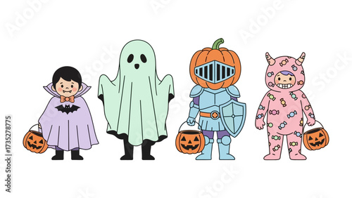 Halloween Fun: Group of creatively costumed kids stand in a row with happy pumpkin bucket, exuding excitement and playfulness. This image encapsulates the festive spirit of autumn.