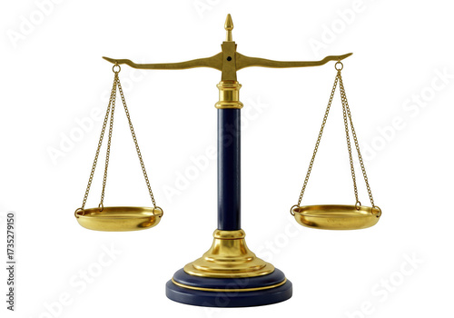 Antique brass balance scale with blue column isolated on transparent background