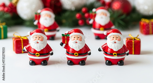 Festive Santa Claus figurines gathered together, celebrating the joy of Christmas with gifts and decorations.