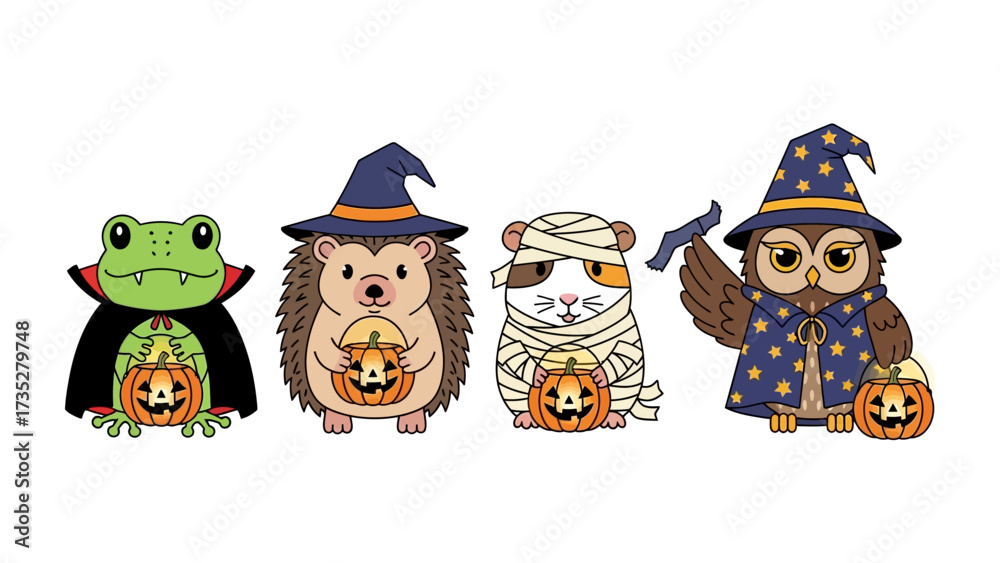 Obraz premium Whimsical Halloween Crew: Adorable, costumed animal companions, each showcasing their unique Halloween charm, holding jack-o'-lanterns and emanating the festive spirit of the season.