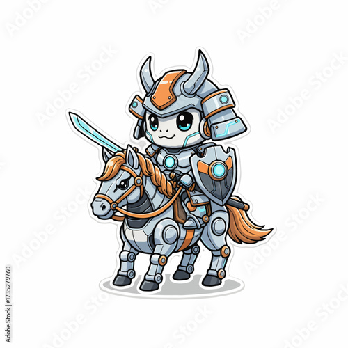 Mini robot warrior with shield and glowing sword, futuristic sci-fi fighter vector.