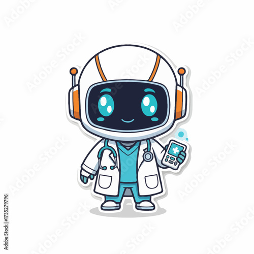 Mini robot engineer with mechanical tools, futuristic sci-fi worker vector.