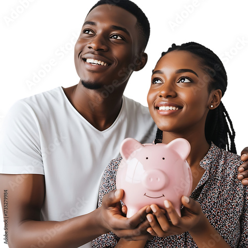 Couple saving together young black couple holding piggy bank planning future financial goals transparent background
