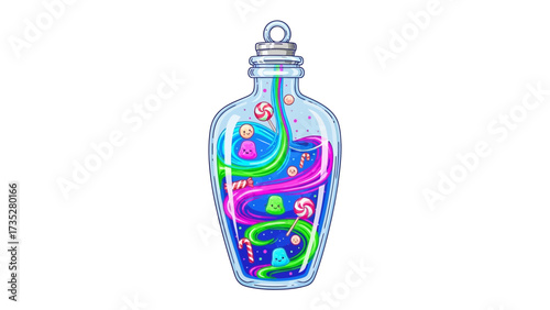 Magic Elixir: A whimsical and enchanting illustration of a glass bottle filled with a vibrant, swirling concoction of colorful candies, sweets, and magical energy.
