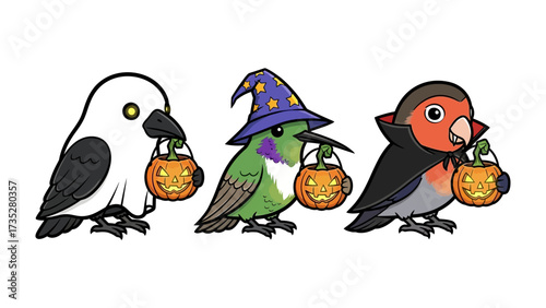 Halloween Birds' Treats: Whimsical birds dressed for Halloween, each carrying a carved pumpkin lantern, bringing spooky cheer with playful animation.