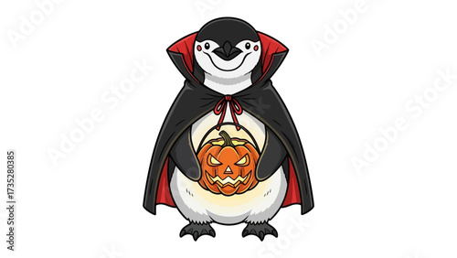Penguin in a Halloween Cape: A cartoon penguin dressed in a black cape and red collar, holding a carved pumpkin for trick-or-treating in a whimsical illustration.