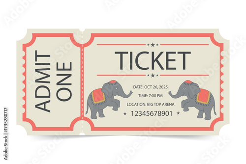 Ticket retro vintage circus with  elephants illustration.