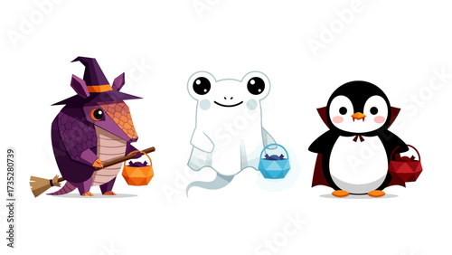 Halloween Cartoon Characters: A playful assortment of charming Halloween cartoon characters, each personifying a unique spooky persona while collecting treats in vivid detail.