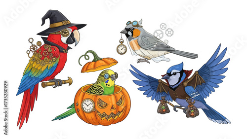 Whimsical Aviary: A quartet of fantastical, artistically enhanced birds, each adorned in delightful, imaginative attire and accessories.
