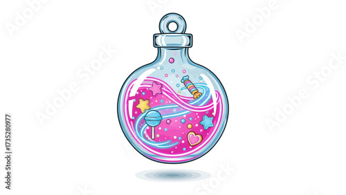 Magical Potion: A captivating digital artwork features a whimsical, clear glass potion bottle filled with vibrant pink liquid.  Floating within are swirling ribbons, stars.
