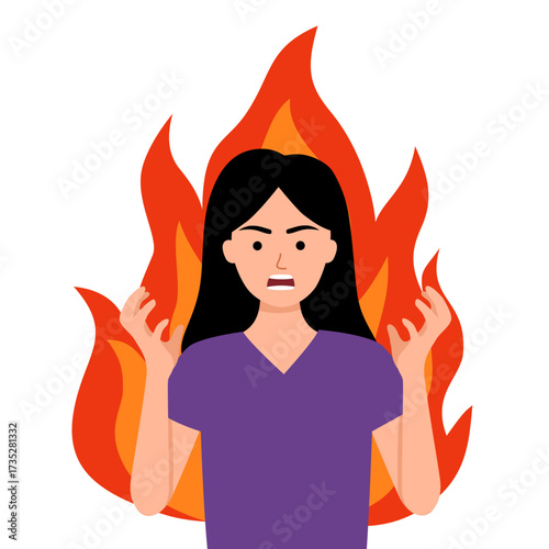 Young woman expressing anger, rage, fury on white background. Concept of negative emotion, mental health, emotional management, aggressive and angry feeling vector character.