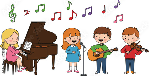 Cartoon children playing music, kids singing, playing piano, guitar, violin, colorful illustration, happy performance, music education, school concert, fun