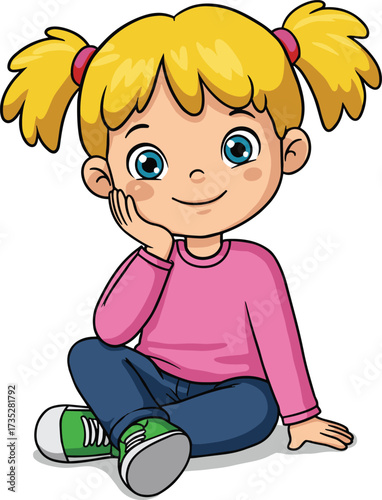 Cartoon illustration of cute little girl sitting on floor, smiling face, blonde hair, pink shirt, casual clothes, adorable child design