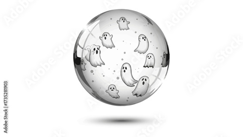 Whimsical Ghost Orb: A playful orb encapsulates a collection of cartoon ghosts, their translucent forms dancing in a surreal, monochromatic world.