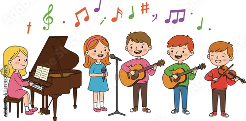 Group of happy children playing piano, guitar, violin, singing on microphone, colorful music notes, fun kids band performance illustration