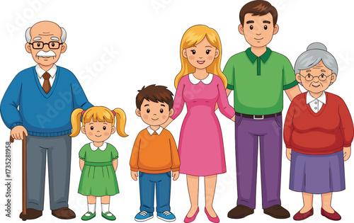 Happy cartoon family illustration with grandparents, parents, children, smiling characters, multigenerational household, family bonding artwork, cute drawing, togetherness concept
