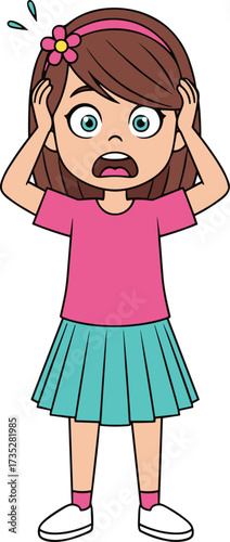 Surprised cartoon girl character, shocked little child illustration in pink shirt and blue skirt, expressive kids artwork, emotional children drawing, reaction clipart