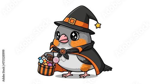 Halloween Cockatiel Illustration: A cute cockatiel, donned in a whimsical witch's hat and cape, clutching a basket of colorful candies, stands ready for a Halloween adventure.
