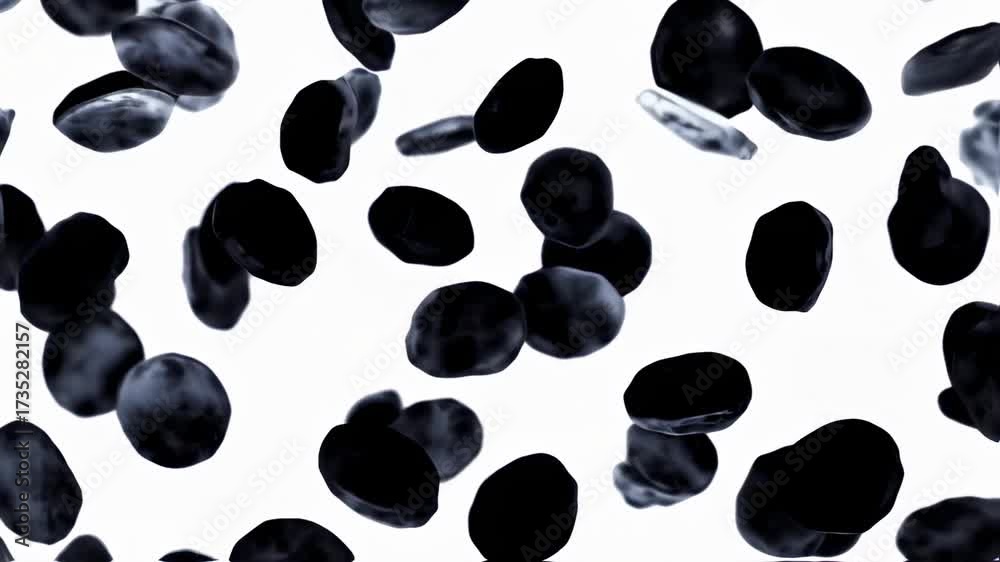 Dark, round, and irregular shapes falling against a white background