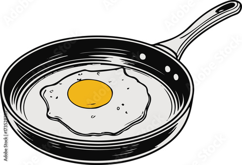 Line drawing of frying pan with egg cooking inside 1