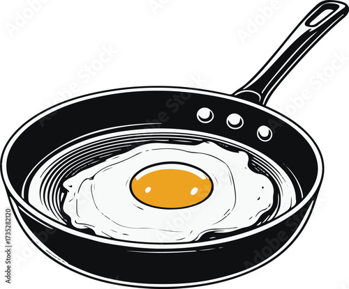 Line drawing of frying pan with egg cooking inside