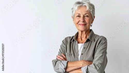 Confident elderly woman in smart casual clothes looking at the camera with arms crossed isolated over white background. 