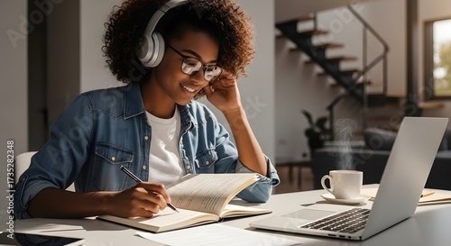Young Black Woman Smiling, Holding Coffee Cup, Working on Laptop in Cozy Cafe