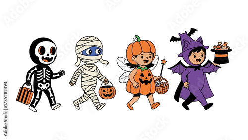 Enchanting Halloween March: Four adorable children in creative costumes are depicted in an illustration, each carrying treat bags. The festive image captures the joyful spirit of Halloween.