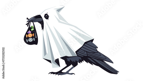 Halloween Crow in Costume: A whimsical illustration depicts a crow in a ghost costume, clutching a treat bag filled with candy, bringing a spooky yet playful vibe to Halloween celebration.