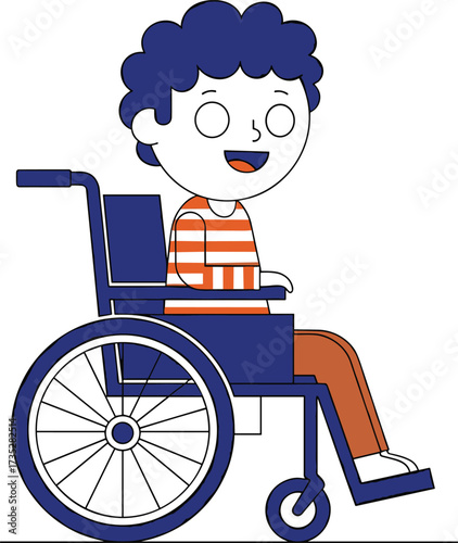 Cartoon Child in Wheelchair – Smiling Character with Curly Hair and Notebook – Vector Icons for Inclusion, Education, Accessibility Themes