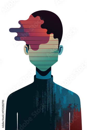 Conceptual abstract photo illustration symbolizing loss of identity and emotional numbness, faceless silhouette dissolving into glitch effect on white background