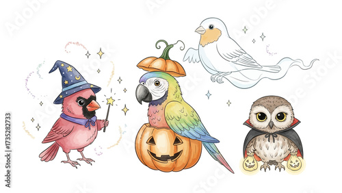 Spooky avian ensemble: A whimsical illustration featuring an owl, a parrot, and other birds adorned in Halloween costumes, perfect for conveying a playful atmosphere.