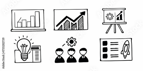 Hand drawn business icons showing growth, team work, ideas and project launch in black and white style