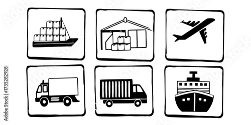 Illustration of transportation methods including ship, warehouse, airplane, and trucks in black and white