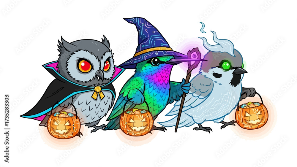 Naklejka premium Halloween Birds' Parade: A whimsical illustration showcases three enchanting birds dressed up for Halloween, each clutching a jack-o'-lantern and embodying the spirit of spooky season with flair. 