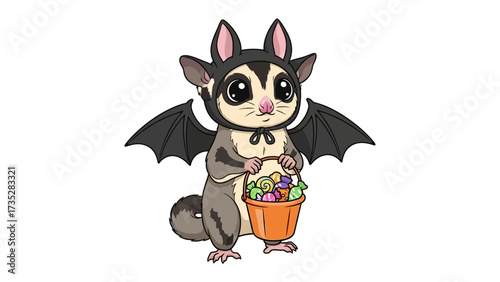 Halloween Sugar Glider: Adorable illustration of a sugar glider in a bat costume, holding a trick-or-treat bucket, ready for Halloween fun and adventure.