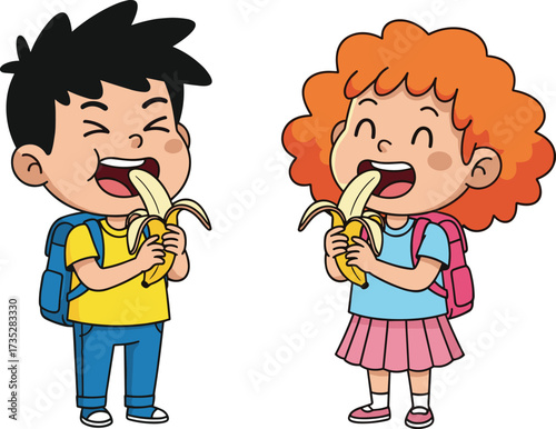 Cartoon children eating bananas with backpacks, happy boy and girl enjoying fruit snack, colorful vector promoting healthy habits and school life