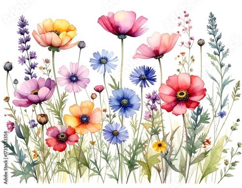 Fototapeta Naklejka Na Ścianę i Meble -  Watercolor wildflowers in a meadow