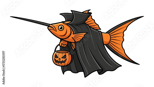 Halloween Fish: An artistically crafted illustration captures a festive spirit as a fish, adorned in a vampire cloak, wields a jack-o'-lantern bucket for collecting treats.