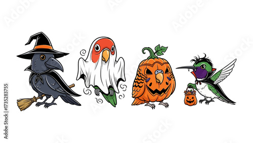 Halloween Birds: A vibrant collection of illustrated birds dressed up in Halloween costumes, from a witchy raven to a ghostly parrot, creating a playful atmosphere for the spooky season.